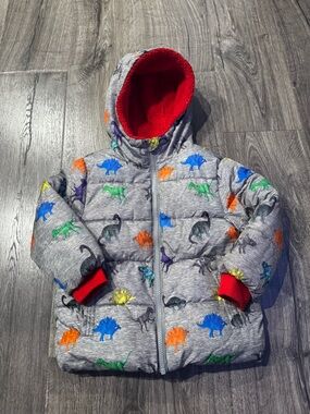 Swiss Tech Kids Gray Puffer Jacket with Colorful Dinosaur Print 3T toddler red